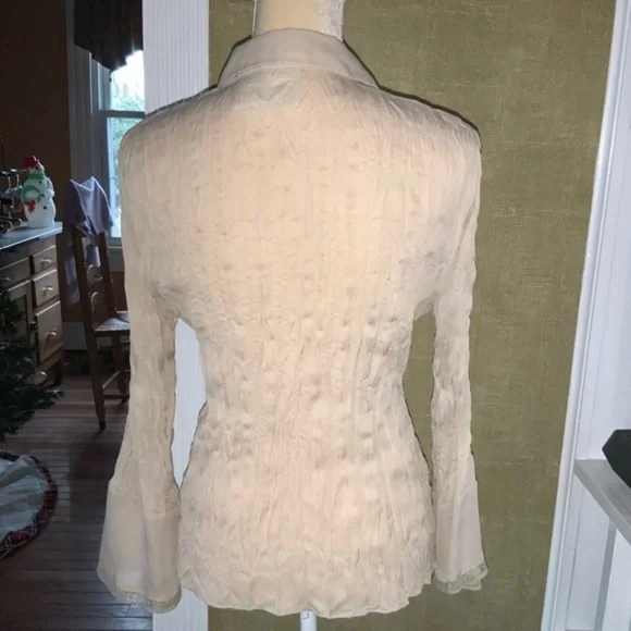 Vintage Tailor B Moss Beige/Tan Button Down Sheer Blouse with Lace Boho Medium - Picture 5 of 10